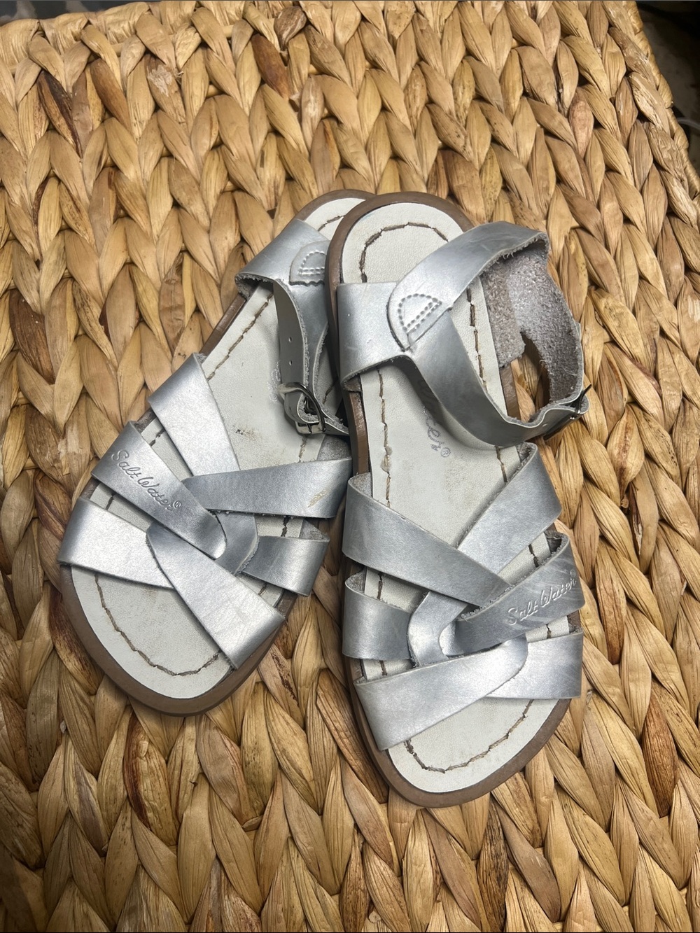 Kids Saltwater Silver Strappy Sandals with Adjustable Ankle Strap Sz 13